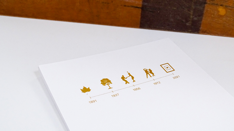 Rocker Lane Workshop, promotional flyer design by UNIT. Studio Dublin. Detail of gold printed ink on white uncoated paper stock.